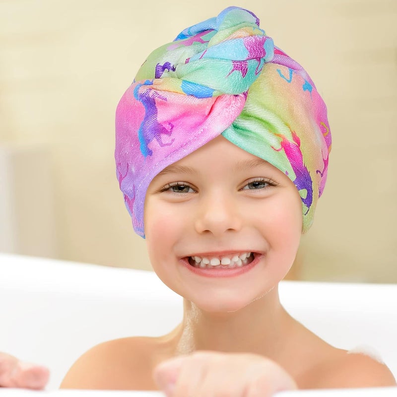 Basumee Microfiber Hair Towel Wrap for Kids 2 Pack Rapid Drying Hair Towel with Button Hair Turbans for Wet Hair Wraps Head Towel Wrap for Women and Girls, Rainbow Unicorn - Image 3